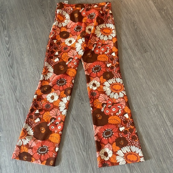 Zara Women's High Rise Orange & White Floral Retro Hippie Flare Pants Size L - Picture 8 of 11
